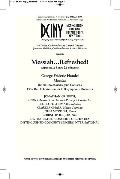 Distinguished Concerts Orchestra & Singers International - Messiah Refreshed at Isaac Stern Auditorium